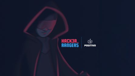 Imagem de uma pessoa com capa e óculos escuros e os logotipos do Hacker Rangers e do Positivo